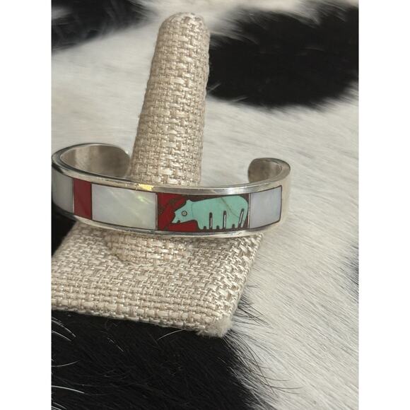 Native Turza Wells Andrew Shows Multistone Sterling Bear Cuff Bracelet Turquoise - Picture 8 of 16